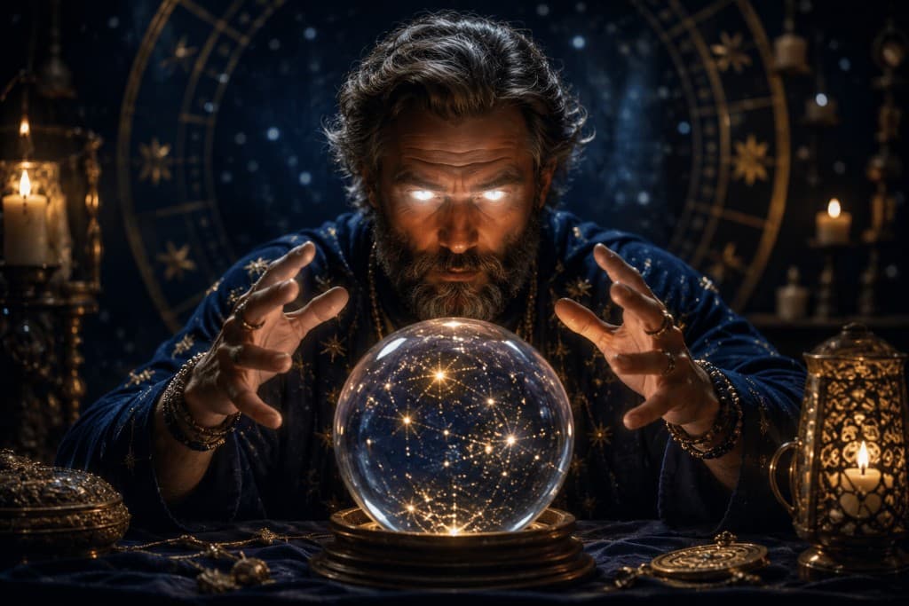 Un mage mystique consulte une boule de cristal illuminée par les étoiles, entouré de bougies et de symboles astrologiques